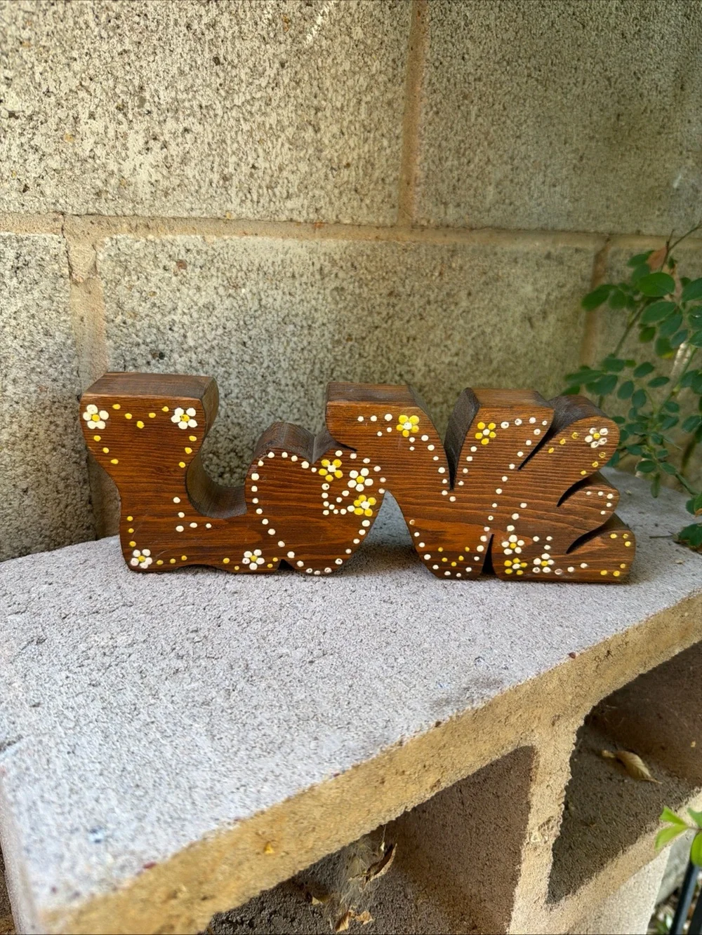 Vintage 70’s Wooden 'Love' Decorative Sign in Brown with Yellow White Accents